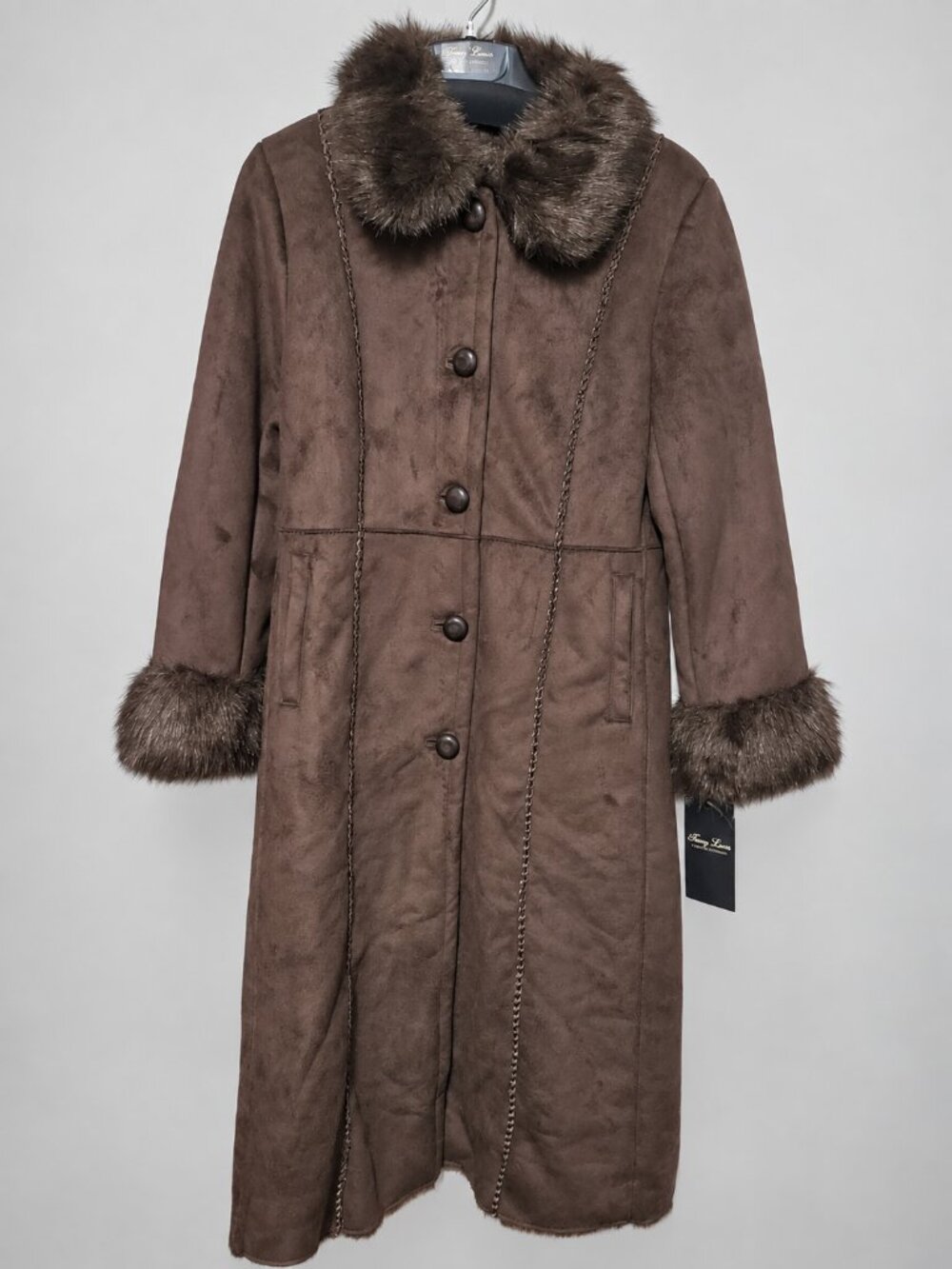 NWT Terry Lewis Classic Lux Brown Faux Fur Long Coat XS